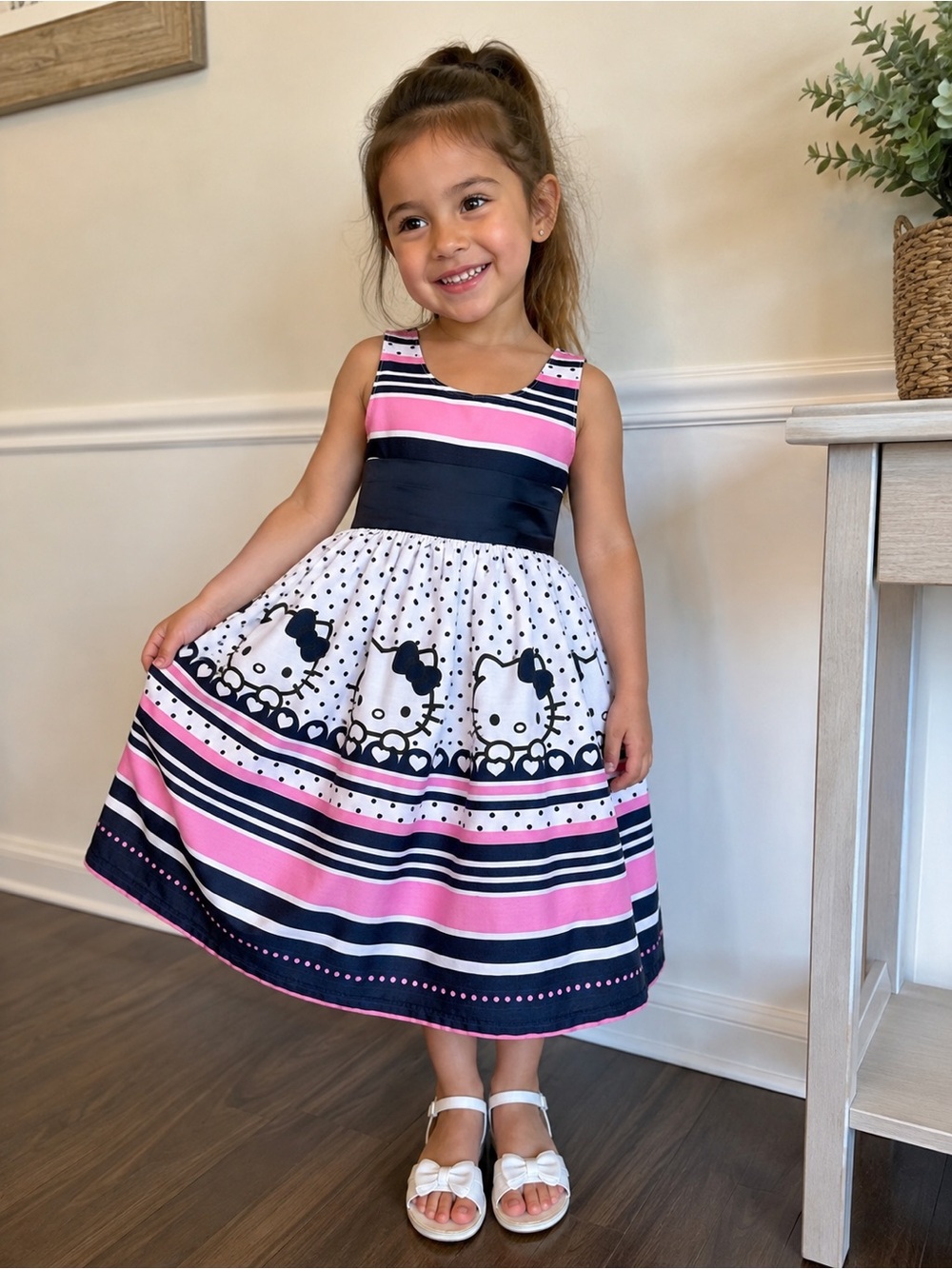 Hello Kitty Girls Dress Size 3 Pink Navy Polka Dot Bow Party Birthday Sundress